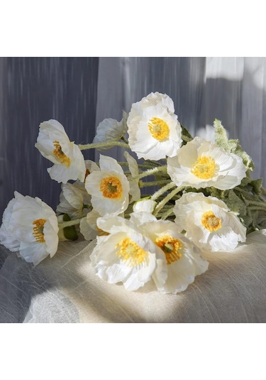 Yapay Çiçek Gelincik Çiçeği Beyaz Renk 3 Çiçek 1 Tomurcuk 59cm