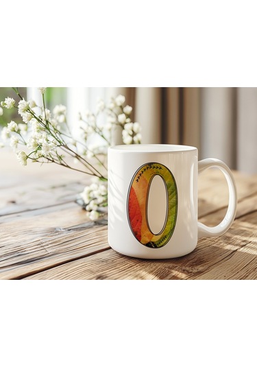 O Harf Yaprak Renkleri İle Kupa Bardak - Kişiye Özel Alfabe Harfli Bardak - Hediye Beyaz