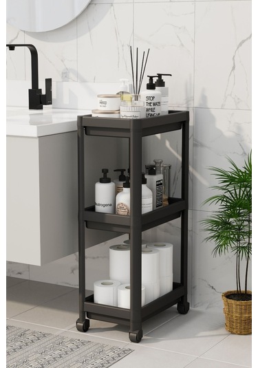 3 Katlı Tekerlekli Mutfak Rafı, Terek, Banyo Rafı, Siyah Siyah
