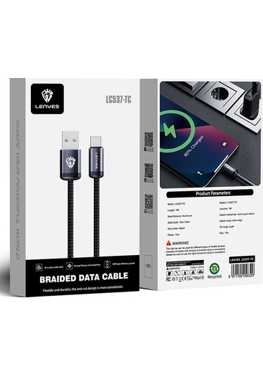 Lenyes Lc537 Usb-a To Type-c Örgü Tasarımlı Hızlı Şarj Özellikli Data Ve Şarj Kablosu 10w 1m Siyah Siyah