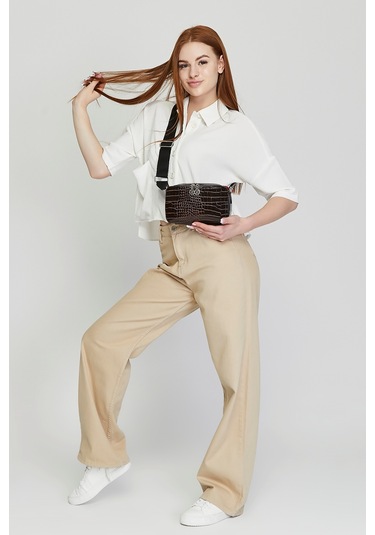 Morpelikan Kahve Kroko İki Bölmeli Kadın Omuz Çantası Kahverengi