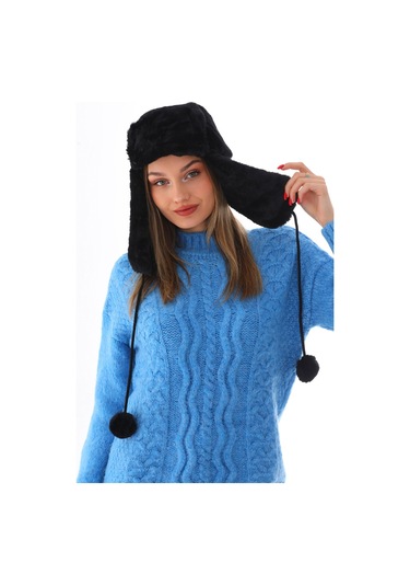 Kadın Siyah Kürklü Kulaklıklı Peluş Şapka Siyah