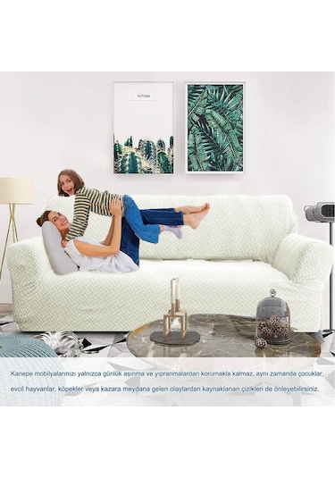 Tuğla Desen 3 Krem Kişilik Lastikli Kanepe Örtüsü Lastikli Koltuk Örtüsü Koltuk Kılıfı Krem