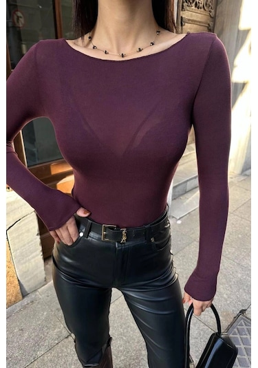 Kadın Bordo Transparan Bluz