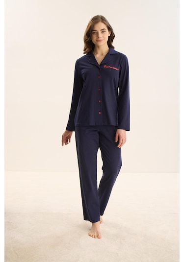 Kadın Uzun Kol Önden Düğmeli Lacivert Pijama Takım C3t9n9o51 001
