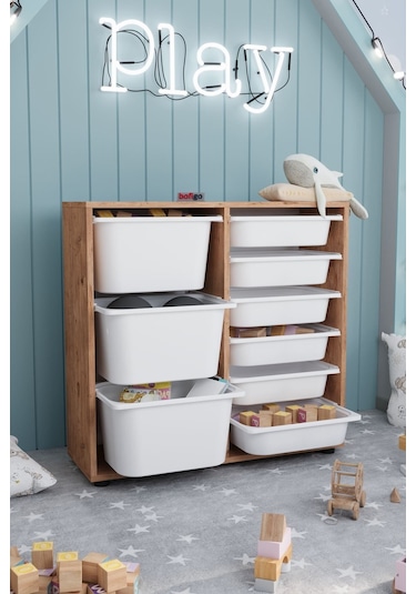 9 Sepetli Dolap Çok Amaçlı Dolap Oyuncak Dolabı Çağla Çam Kahverengi