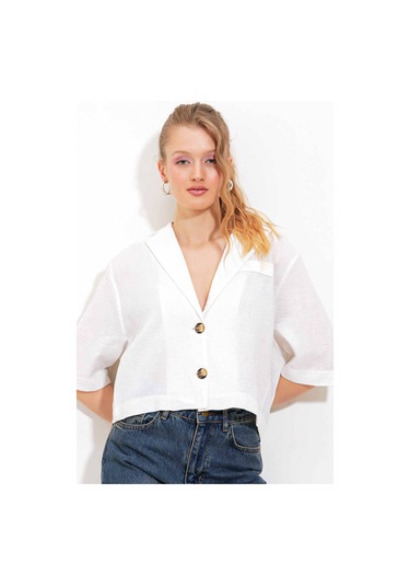 Gabria Kısa Keten Ceket Beyaz