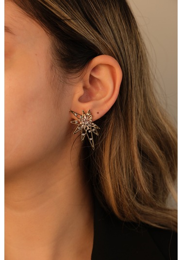 Çildan Womens Özel Tasarım Gold Zirkon Taşlı Yıldız Küpe