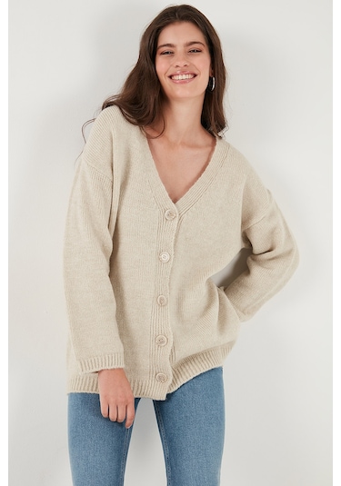 Lela Regular Fit V Yaka Düğmeli Triko Bayan Hırka 4616229 Taş