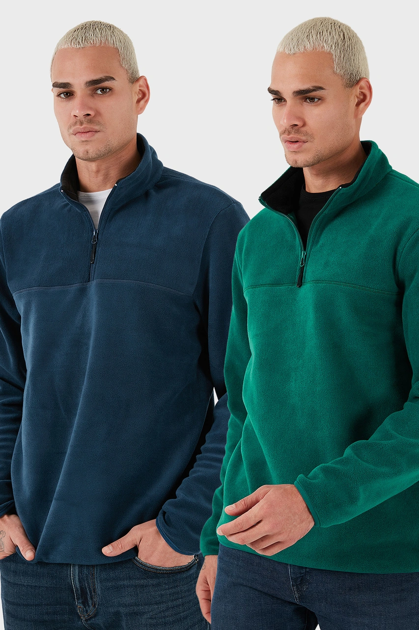 Buratti Regular Fit Anti-Pilling Tüylenme Yapmayan Dik Yaka Şardonlu 2'Li Paket Erkek Polar 5896700S2 Yeşil-Indigo