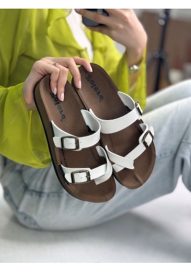 Tek Parmak Arası Kadın Terlik Rahat Ortopedik Mantar Taban Ayarlanabilir Metal Tokalı 34147 Beyaz