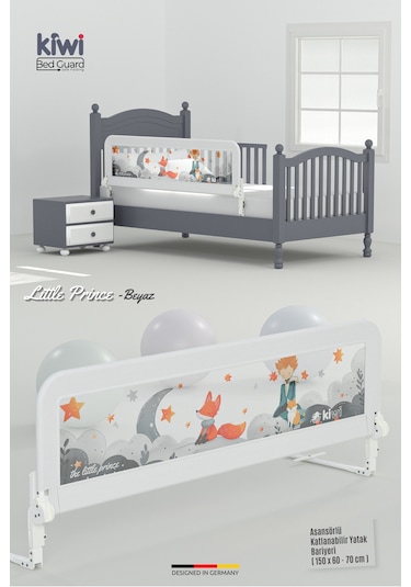 Kiwi Bed Guard Asansörlü, Beyaz, Küçük Prens Desenli Çocuk Yatak Bariyeri 150x60-70 Cm
