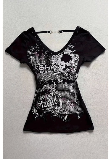 Siyah Startle Askılı Gotik Kısa Kollu Crop-18634 Siyah