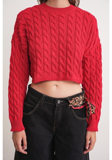 6863 Kadın Saç Örgülü Crop Triko Kazak Kırmızı Kırmızı