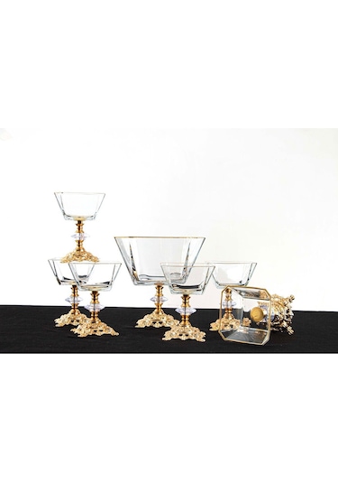 Plt Design 7 Parça Metal Ayaklı Gold Detaylı Cam Büyük Boy Salata - Magnolia Dondurmalık