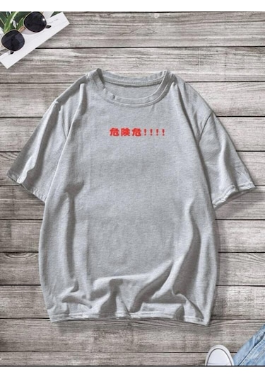 Erkek Gri Oversize Japanese Dinazor Baskılı T-shirt Gri