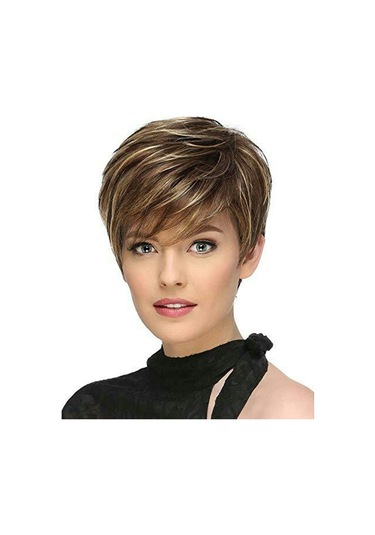 Cbtx Wıg-305 Kadın Yüksek Sıcaklık İpek Peruk Eğik Kısa Saç Fiberbaşlık Kahverengi + Açık Altın