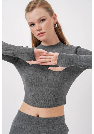 Bigdart 15905 Kadın Crop Kazak Pantolon Triko Alt Üst Takım - Füme