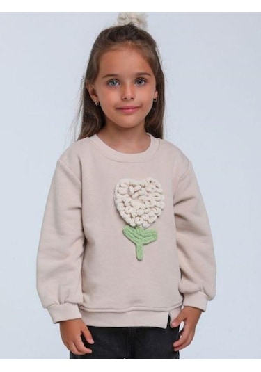 Kız Bebek Örgü Çiçek Detaylı Sweathirt-14304 Bej
