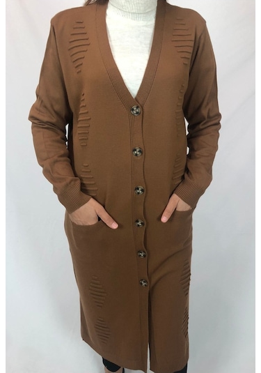 Düğmeli Triko Hırka Taba