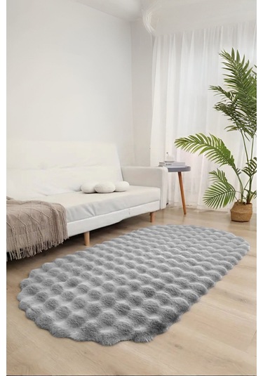 Bubble Oval Yumuşak Peluş Kaymaz Salon Oturma Odası Balkon Halısı Yolluk Gri