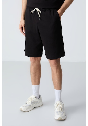 Siyah Pamuklu Kalın Yumuşak Dokulu Oversize Fit Basic Erkek Şort Takım - 85257