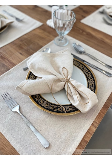 30x30cm 4 Adet %100 Pamuk Ham Keten Servis Peçetesi, Sunum Peçetesi Bej