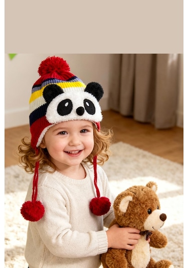 Bay Şapkacı - Sevimli Panda Tasarımlı Unisex Çocuk Kışlık Bere - 5900 Kırmızı