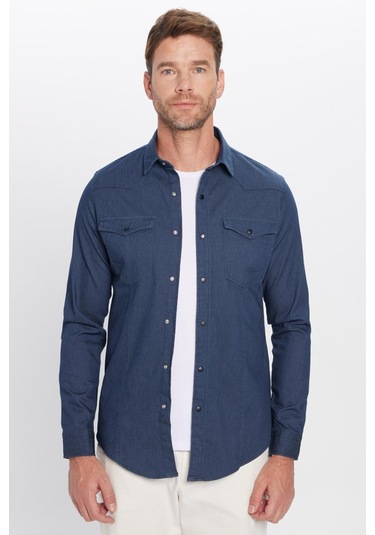 Erkek Slim Fit Dar Kesim Çift Cepli Denim Kot Lacivert Gömlek-31927 Lacivert