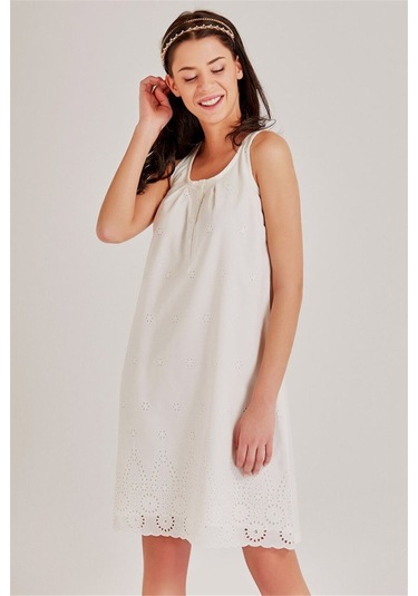 Magic Form 30108 Kadın Ekru Brodeli Lohusa Sabahlık Gecelik Takım