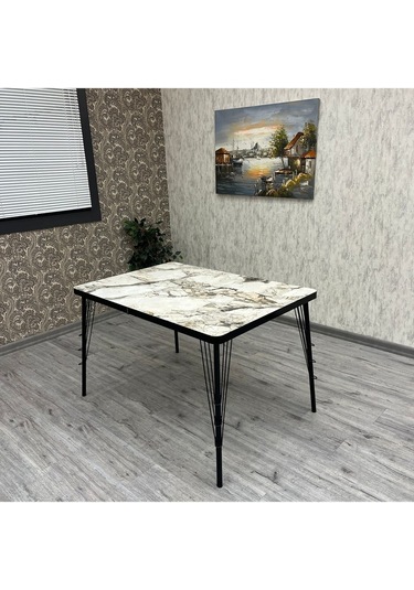 By Orhan Güzel Mutfak Masaları Hasır Ayaklı 80-120 Dikdörtgen Mutfak Mutfak Masası Beyaz Mermer Desen