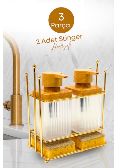 Gold Metal Standlı Ahşap Detaylı Sıvı Sabunluk