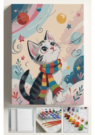Sayılarla Boyama Çerçeveli Hobi Seti Numaralı Tuval Fırça Boya Dahil Kasnaklı Kış Ve Kedi 40x50 Cm