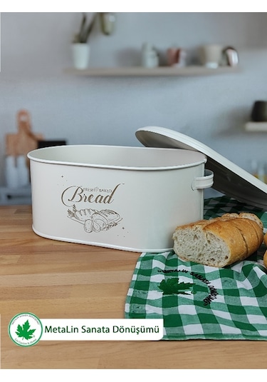 Lin Metal Metal Kapaklı Ekmeklik (Bread Baskılı) - Krem
