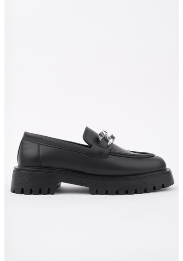 Muggo Crasher Kalın Taban Tokalı Günlük Casual Makosen Kadın Loafer Ayakkabı Siyah