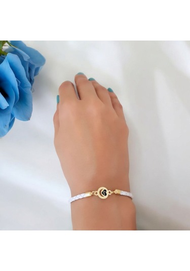 Archin Aşk Temalı 14 Ayar Altın Plakalı Doğal Beyaz Derili Ay Motifli Hediye Bileklik-477sembol Aşk