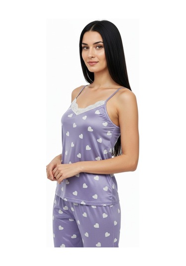 Altı Uzun İp Askılı Yumuşak Kalp Desenli Mor Pijama Takımı Mor