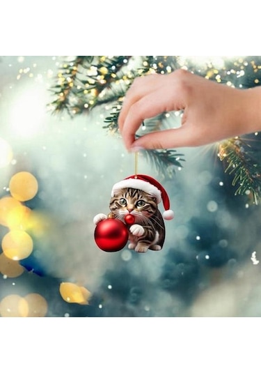 Canlı Renk Süper Sevimli Araba Kedi Santa Charm Akrilik Şapka Yavru Noel Ağacı Asılı Dekorasyon H