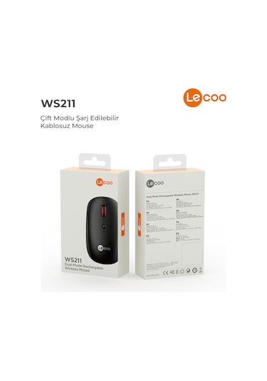 Lecoo WS211 Kablosuz 1600DPI 6 Tuşlu Çift Modlu Şarj Edilebilir Optik Mouse