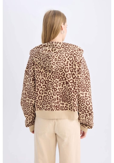 Defacto Coool Loose Fit Leopar Desenli Kapüşonlu Fermuarlı Sweatshirt E0780AX24WNBG389 Bej