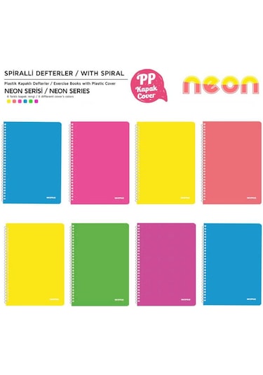 Mopak Neon Serisi Spiralli Defter Pp Kapak 96 Yaprak Kareli 8'li