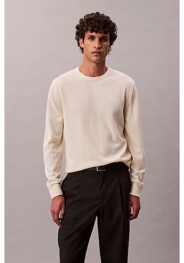 Erkek Regular Fit Merinos Yünü Triko Kazak - Krem Antique White