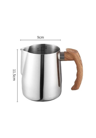 Novahub 600/1000ml Gümüş Paslanmaz Çelik Latte Kahve Fincanı Süt Köpürtme Sürahi Ahşap Saplı Damlamasız