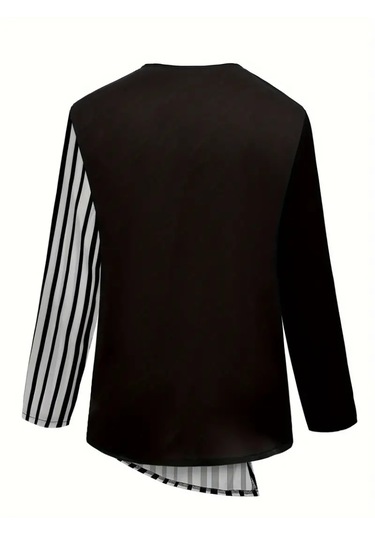 Kadın Bisiklet Yaka Düğmeli Çizgi Desenli Uzun Kollu Keten Bluz Siyah
