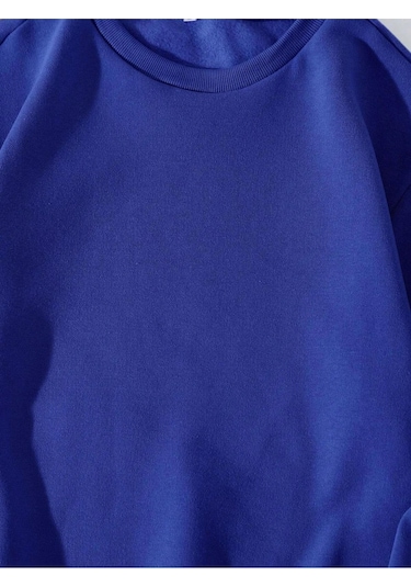 Unisex Oversize Bisiklet Yaka Basic Düz Sweatshirt - Saks Mavisi