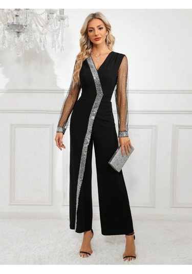 S-pazarım Kadın Uzun V Yakalı Önden Pulpayet Detaylı Tüllü Uzun Ithal Krep Tulum Siyah