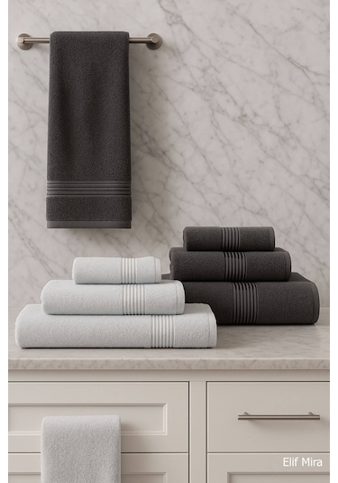 6 Parça Banyo Havlusu Seti Pamuklu 70x140 Cm Serenio Antrasit-Açık Gri