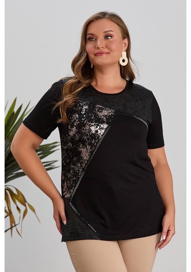 Wearon Kadın Yezra Deri Varak Taş Detaylı Penye Siyah Tişört Siyah