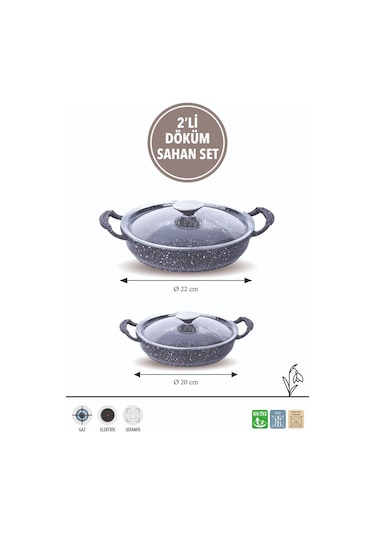 Fms D5013 Döküm Granit 2'li 20-22 Cm Kapaklı Sahan Set Gri