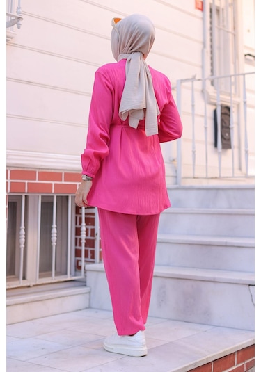 Hakim Yaka Detaylı Tesettür Fuşya Takım Fuşya